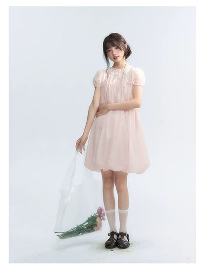 "Little Princess" Strawberry Pink Lace Bow Bubble Hem Midi Dress