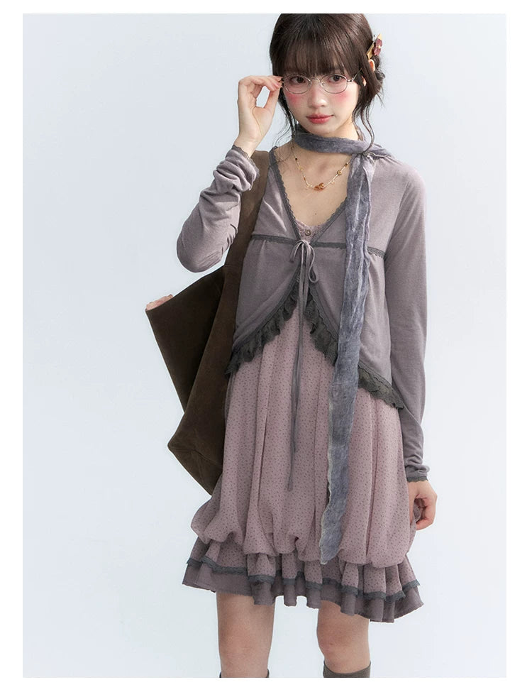 "Misty Lavender Reverie" Vintage Floral Lace Trim Midi Slip Dress