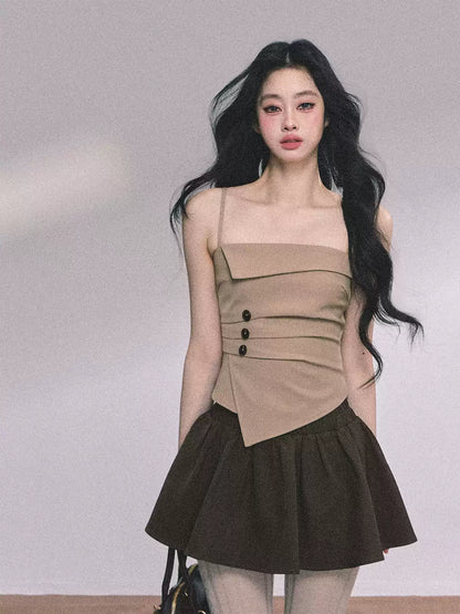 少也眼 Vintage-Inspired Irregular Two-Piece Set (Khaki Top & Brown Skirt)