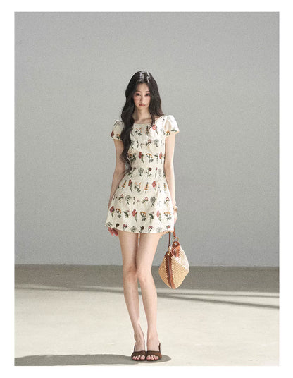 "Wildflower Daydream" Dutch Cream Embroidered Mini Dress - Short Sleeve 45684