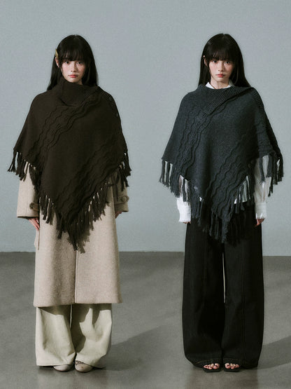 LOST FOREST - Wool-Blend Bow Graphic Fringe Cape Shawl (Coffee / Dark Gray)