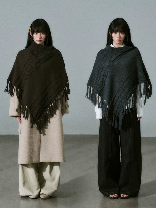 LOST FOREST - Wool-Blend Bow Graphic Fringe Cape Shawl (Coffee / Dark Gray)