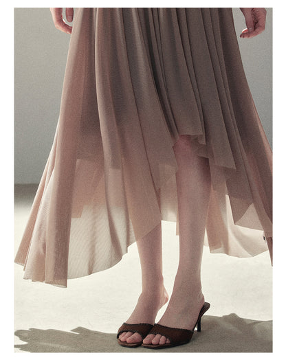 170726 "Waiting for Autumn Rain" Silver Mouse Gray Off-Shoulder Pleated Skirt Set