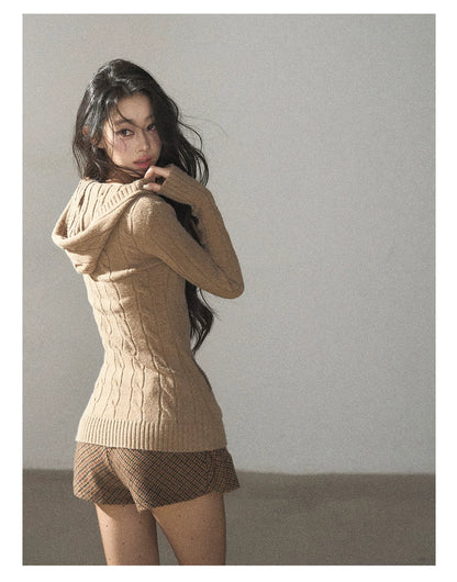 AOMALM - Oatmeal Hooded Deep V-Neck Cable Knit Top
