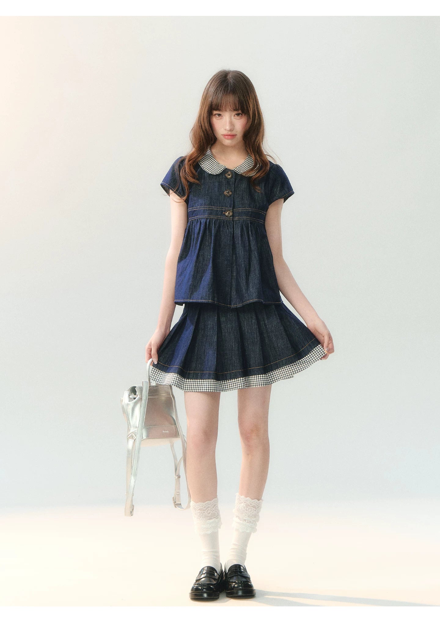 "Denim Check Prelude" Indigo Denim Three-Piece Set
