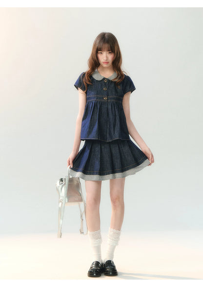 "Denim Check Prelude" Indigo Denim Three-Piece Set