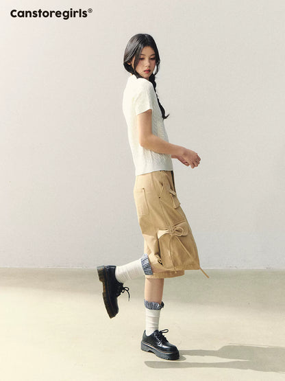 "Sand Messenger Mood" Khaki Bow Drawstring Cropped Cargo Pants WW2026042