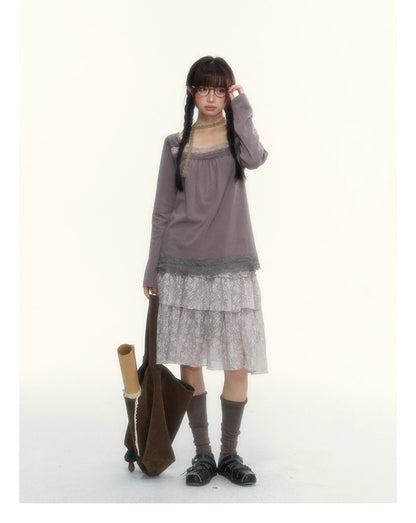 Gray Purple Lace-Trimmed Square-Neck Long-Sleeve T-Shirt