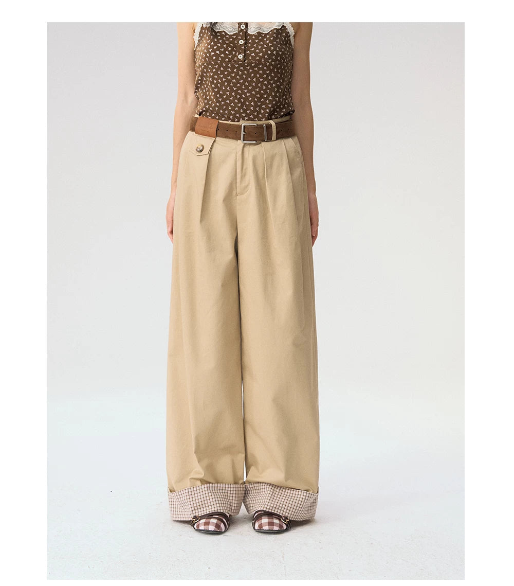 [CAN] "Strawberry Toast" Khaki Plaid Cuff Wide-Leg Pants