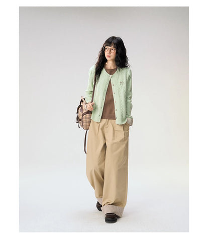 [CAN] "Strawberry Toast" Khaki Plaid Cuff Wide-Leg Pants