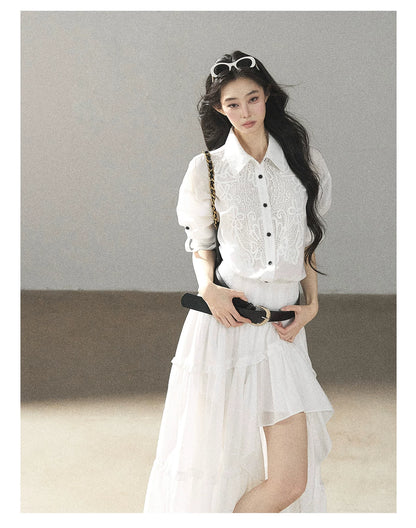 AOMALM - “Her Hemline” White Lace Shirt Dress with Belt