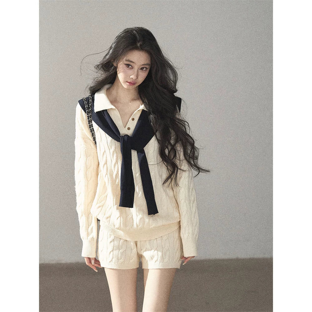 AOMALM - Dutch Cream Cable Knit Sweater & Shorts Set with Shawl