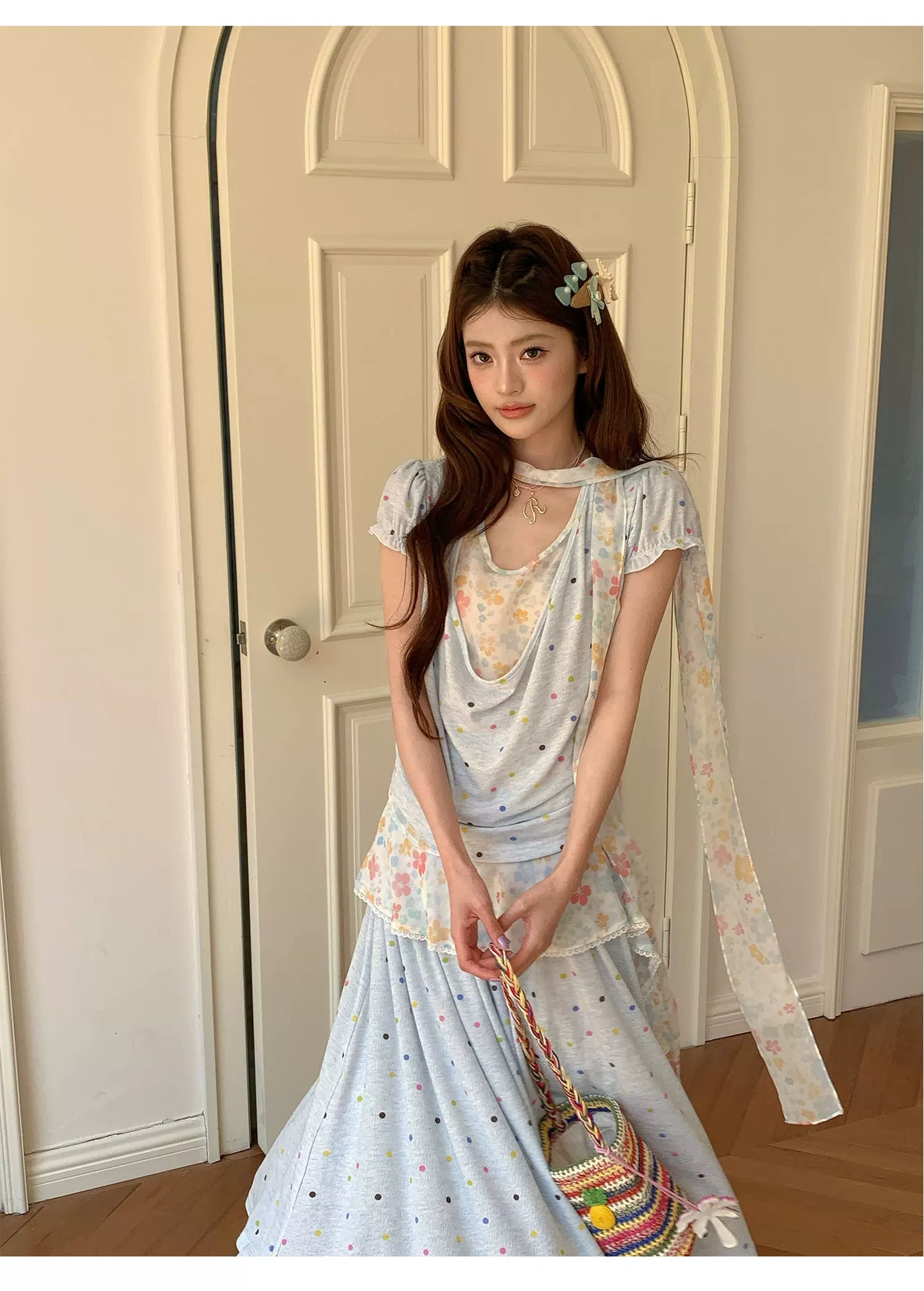 “Sea Salt Blossom Letter” Baby Blue Layered Skirt Set