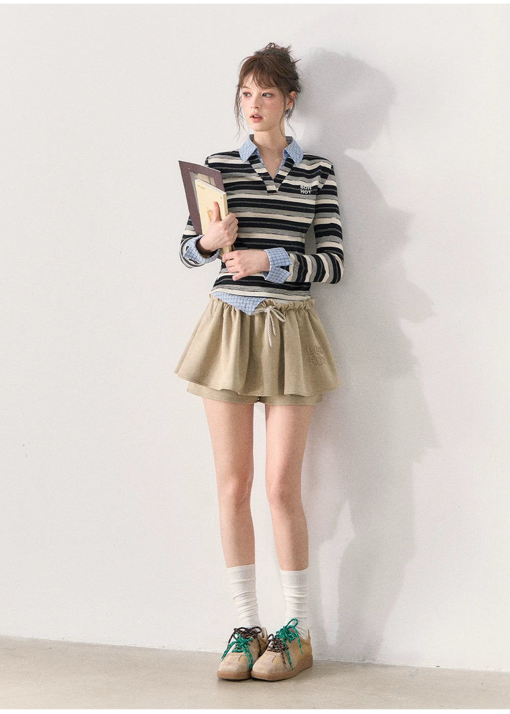 [TMMG] Miu-Inspired Striped Faux Two-Piece Long-Sleeve Polo Top