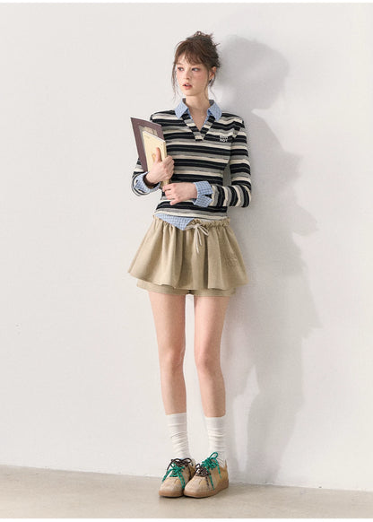 [TMMG] Miu-Inspired Striped Faux Two-Piece Long-Sleeve Polo Top