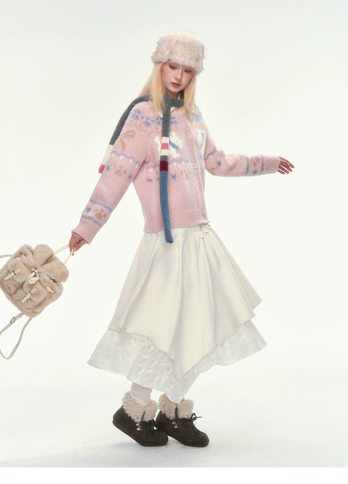 [CAN] Puppy Fair Isle Knit Sweater & Skirt Set (Gray / Pink)