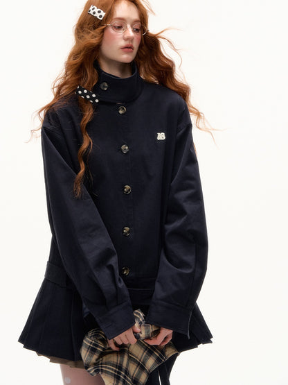 ASGONY - Preppy Bunny Collar Jacket with Removable Plaid Ears (Navy Blue)