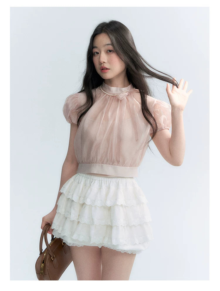 Vintage Stand Collar Bow Puff Sleeve Waist-Cinching Blouse with Knit Cami Set