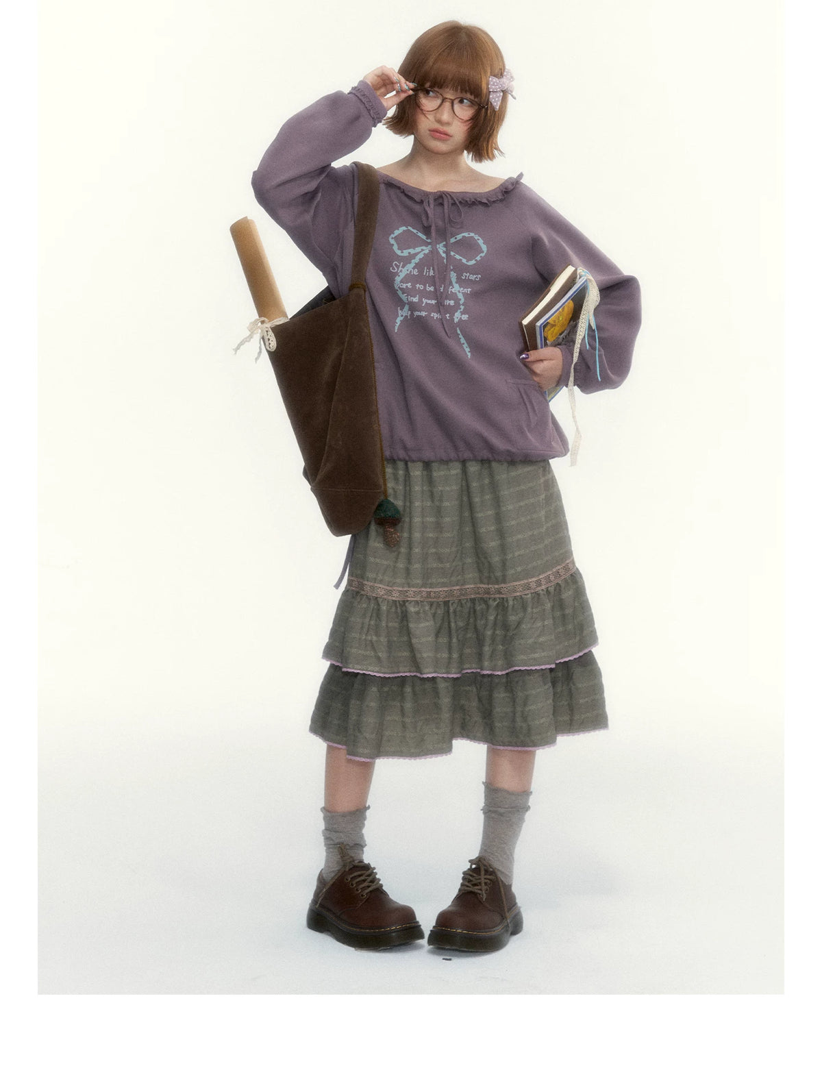Deep Purple Bow-Tie Lettuce-Trim Off-Shoulder Sweatshirt