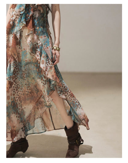 "She Never Looks Back" Peacock Blue Leopard Chiffon Maxi Dress