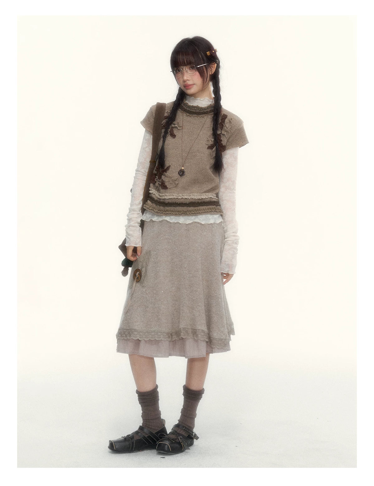 Milk Coffee Vintage Lace Knit A-Line Skirt