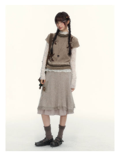 Milk Coffee Vintage Lace Knit A-Line Skirt