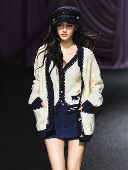 Contrast Knit Cardigan, V-Neck Tank & A-Line Skort Three-Piece Set