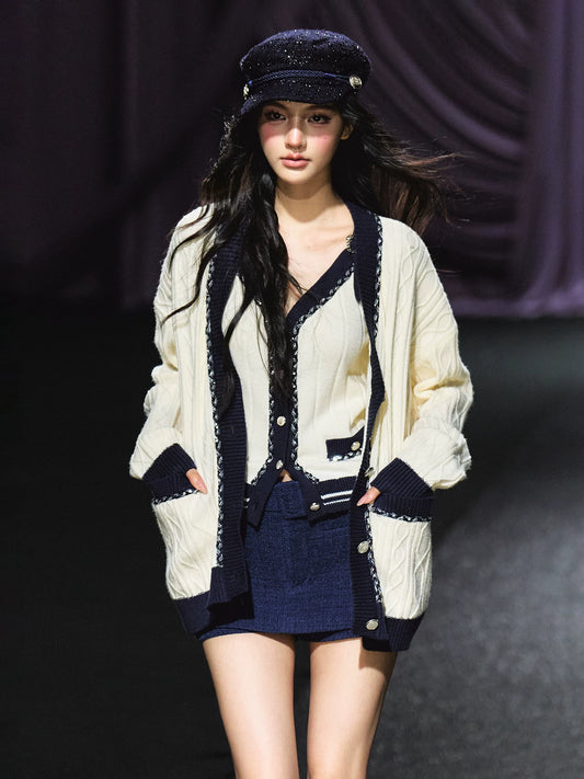 Contrast Knit Cardigan, V-Neck Tank & A-Line Skort Three-Piece Set