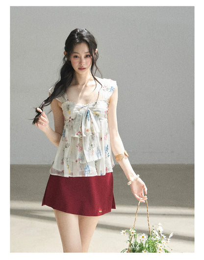 "The Unlit Spirit" High-Waisted A-Line Skort (Angora Red/ Tranquil Black)