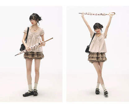 "Sweetheart Crew" Polka Dot Faux Two-Piece Bow Knit Short Sleeve Top