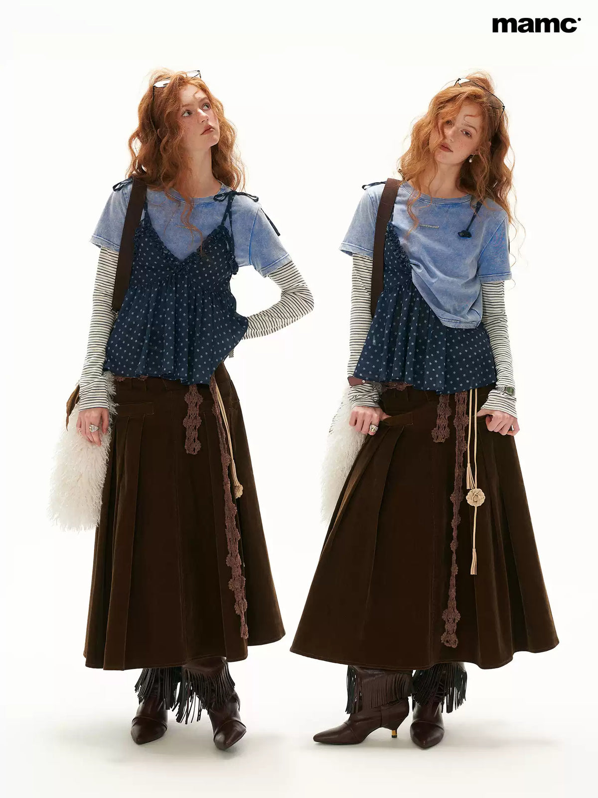 MAMC - Vintage Blue Faux-Layered Star Print Cami & Long-Sleeve Top