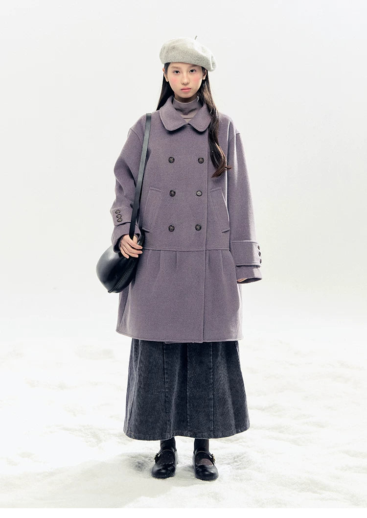 "Winter Chime" Double-Breasted Quilted Wool-Blend Coat (Smoky Purple/ Ash Gray)