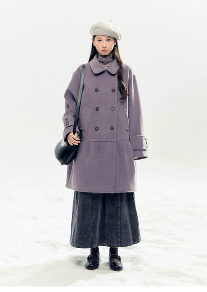 "Winter Chime" Double-Breasted Quilted Wool-Blend Coat (Smoky Purple/ Ash Gray)
