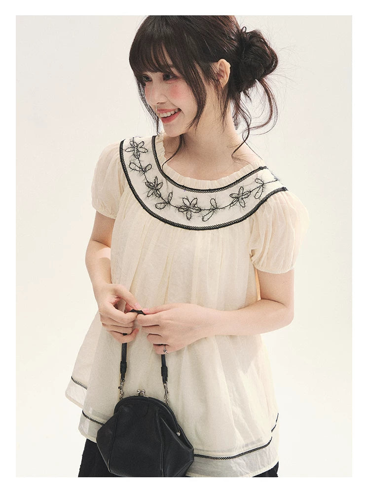 "Toasted Cookie" Yellow Flower Rope Embroidery Babydoll Top