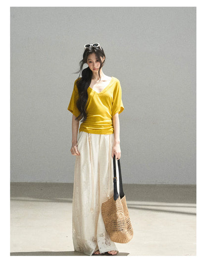 "A Love Letter to Sunlight" Dutch Cream Lace Wide-Leg Pants (With Matching Waist Rope)