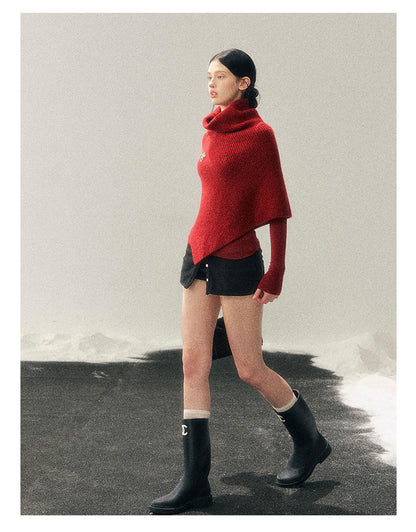 181225 "Late Autumn Ginkgo" Burgundy High-Neck Knit Cape Set