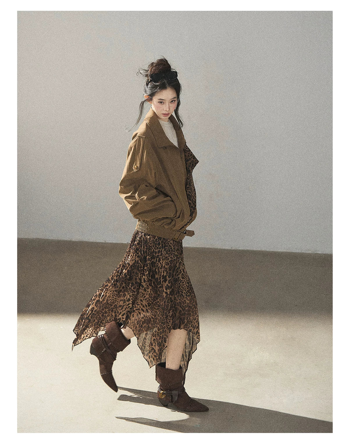 AOMALM - “Cocoa Leopard” Pleated Asymmetric Midi Skirt