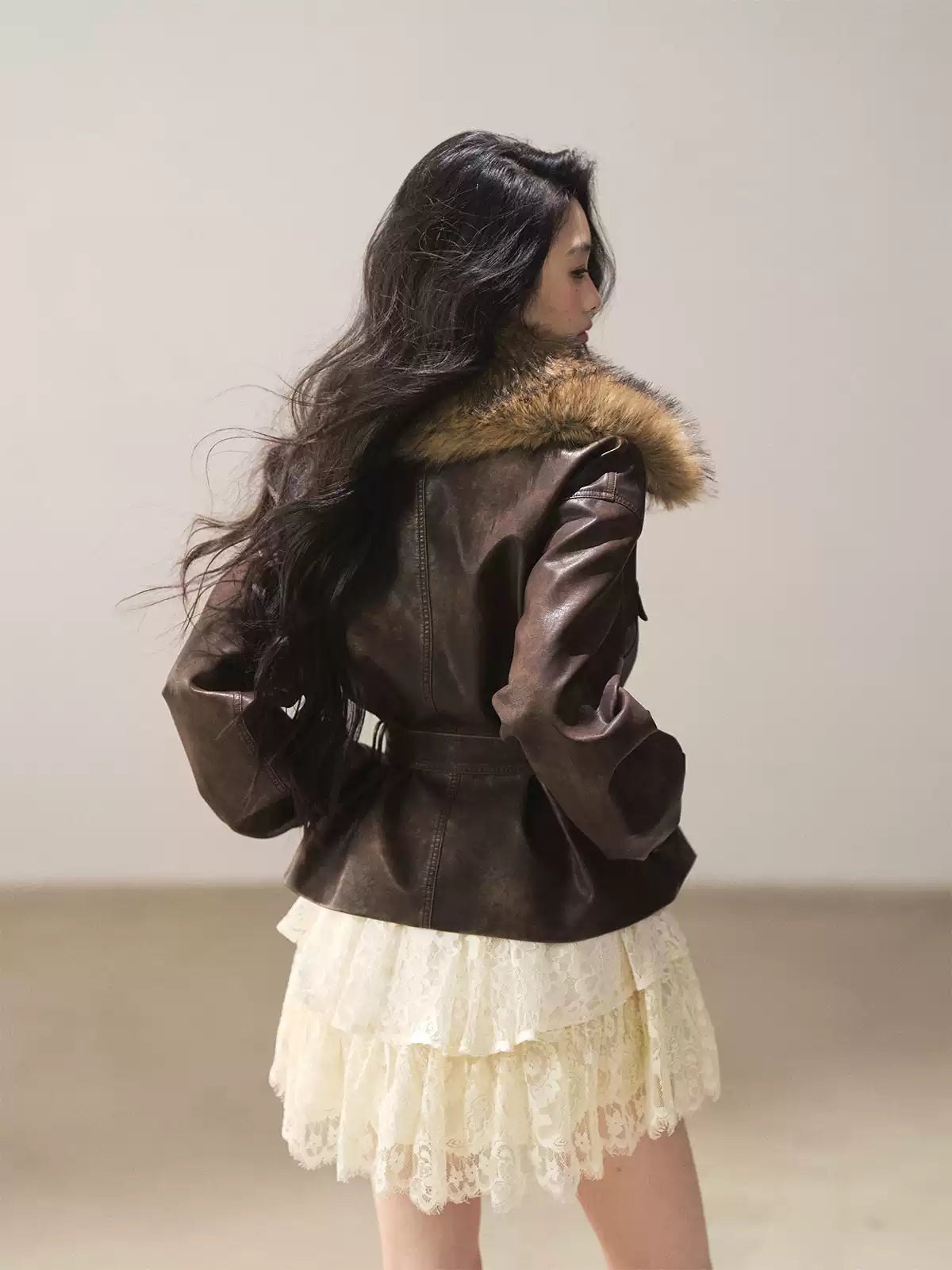 AOMALM - Chestnut Brown Vintage PU Leather Jacket with Faux-Fur Collar & Belt