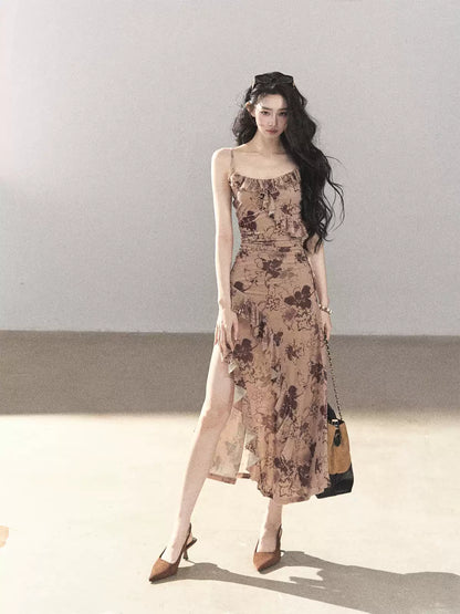AOMALM - "Wildflower Date" Milk Tea Brown Ruffle Floral Maxi Dress (With Matching Hair Tie)