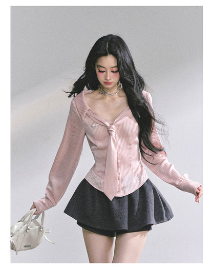 少也眼 “Pinkbud Academy” French Preppy Striped Polo Blouse