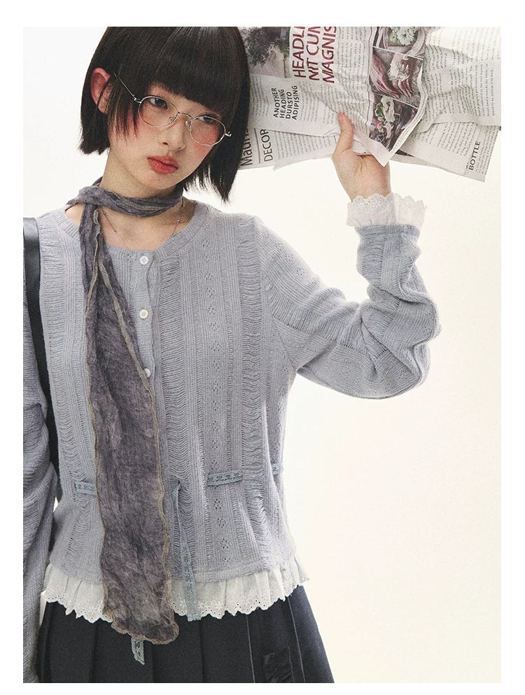 "Wisteria Whisper" Open-Knit Lace Tie Cardigan (Wisteria/ Ivory)