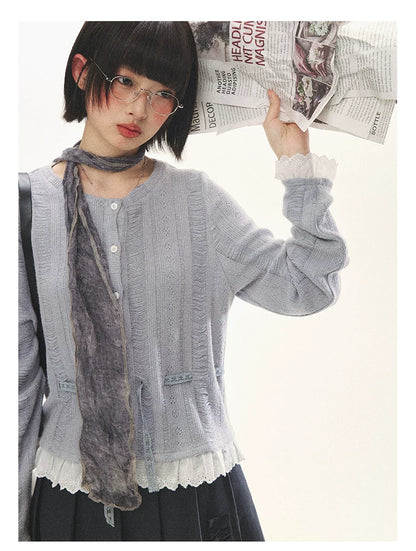 "Wisteria Whisper" Open-Knit Lace Tie Cardigan (Wisteria/ Ivory)