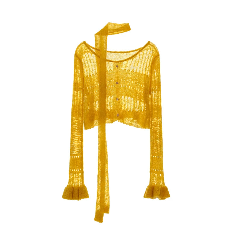 MAMC - Wide-Neck Cutout Cropped Knit Cardigan (Black / Yellow / Beige / Plaid Bra)