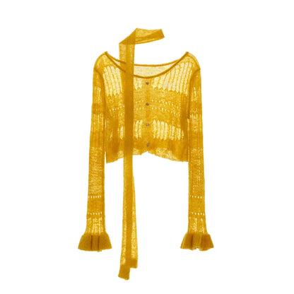 MAMC - Wide-Neck Cutout Cropped Knit Cardigan (Black / Yellow / Beige / Plaid Bra)