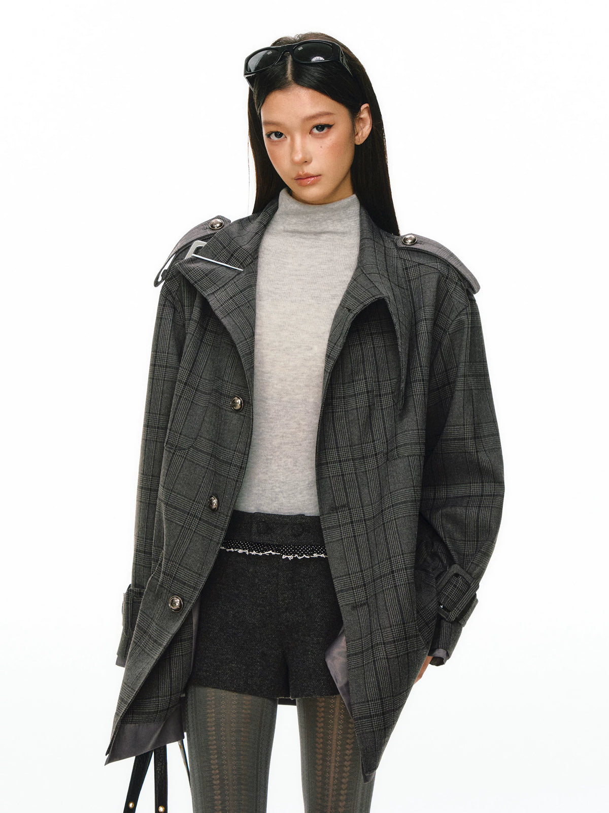 Ariseism - Dark Gray Checked Waist-Defined Mid-Length Trench Coat