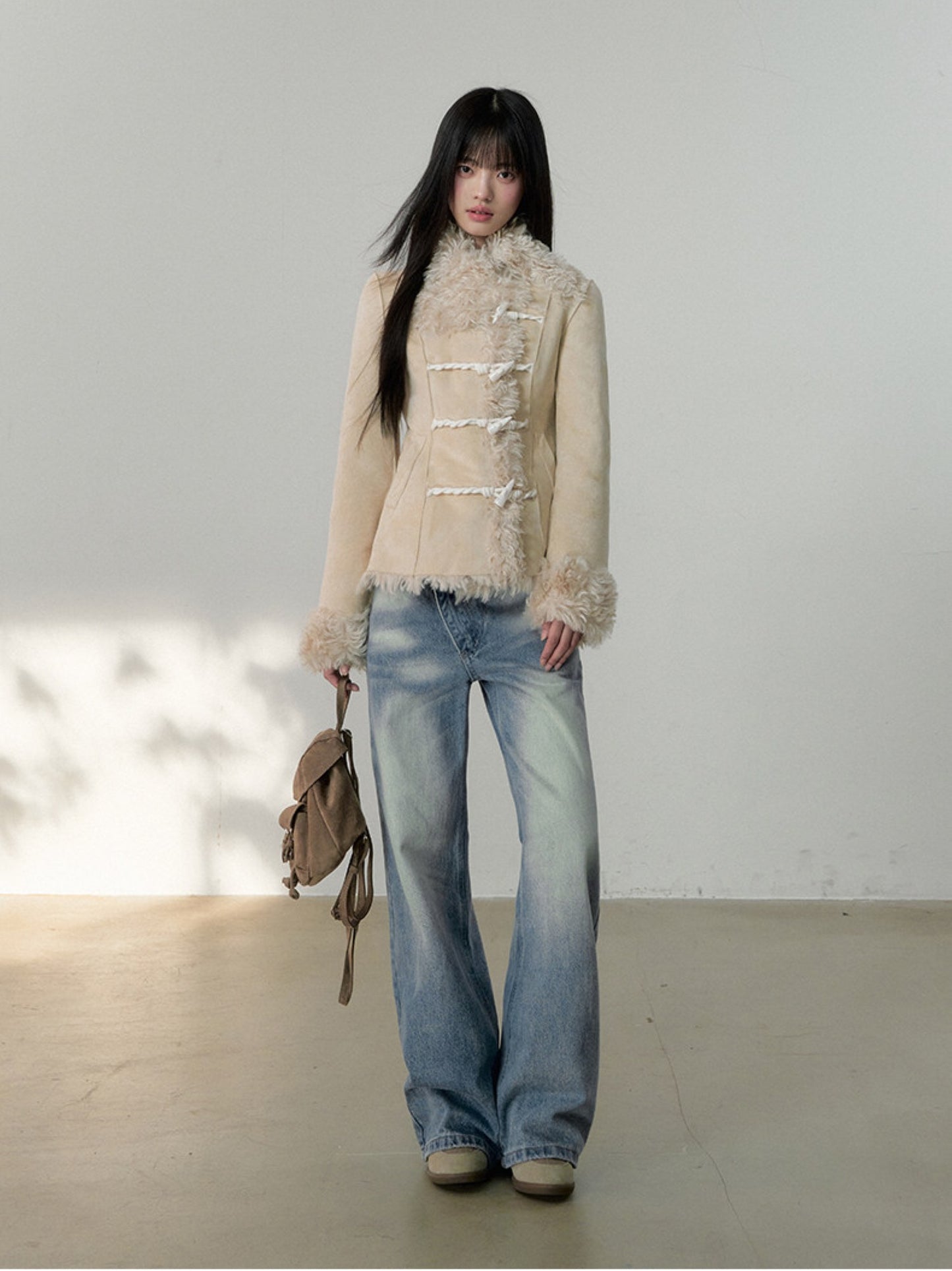Soote Season - Cream Latte Faux Suede Toggle Belted Shearling Jacket