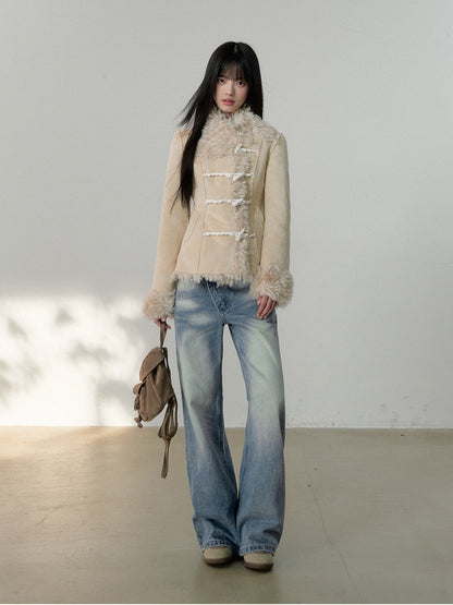 Soote Season - Cream Latte Faux Suede Toggle Belted Shearling Jacket