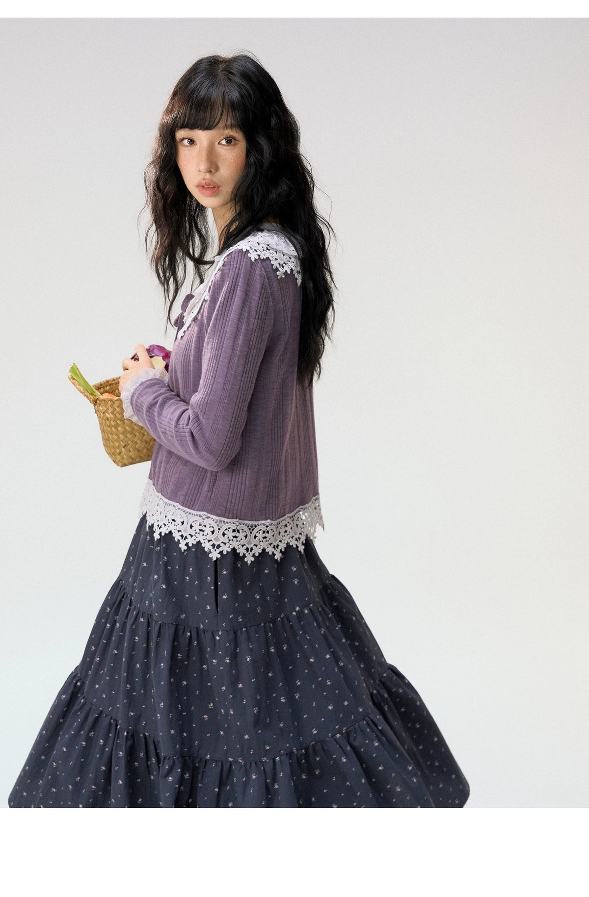 [CAN] “Rose in Bloom” Lavender Knit Cardigan & Floral Skirt 3-Piece Set
