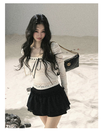 "Summer Shimmer Reverie" Creamy Oat White Lace Cutout Cardigan & Camisole Set 5864536513