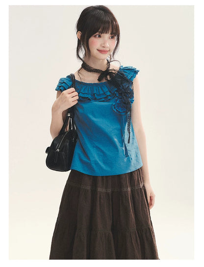 "Bluebell" Peacock Blue Lace Embroidered Fitted Sleeveless Top